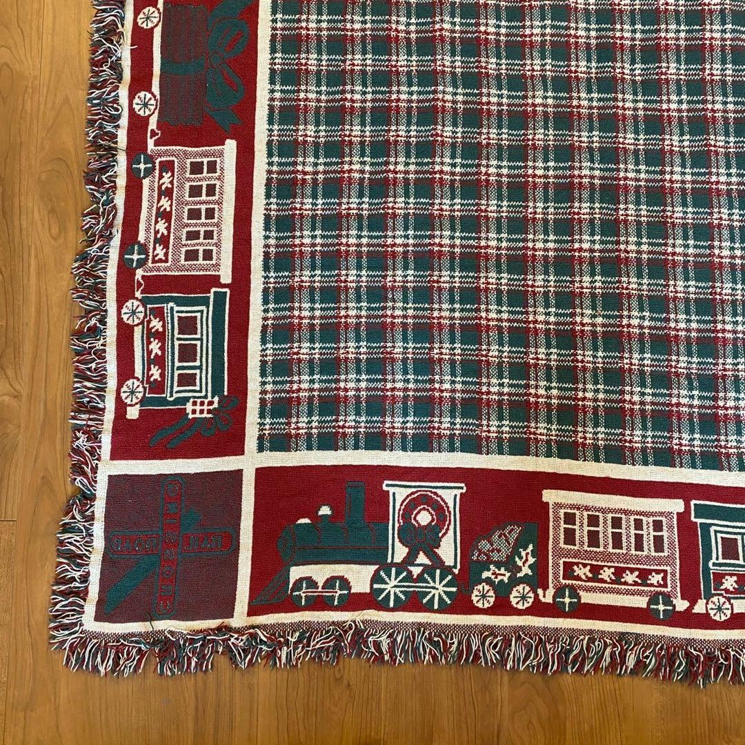 ヴィンテージ ゴブラン織り ラグ トレイン柄 両面配色 160×114 チェック