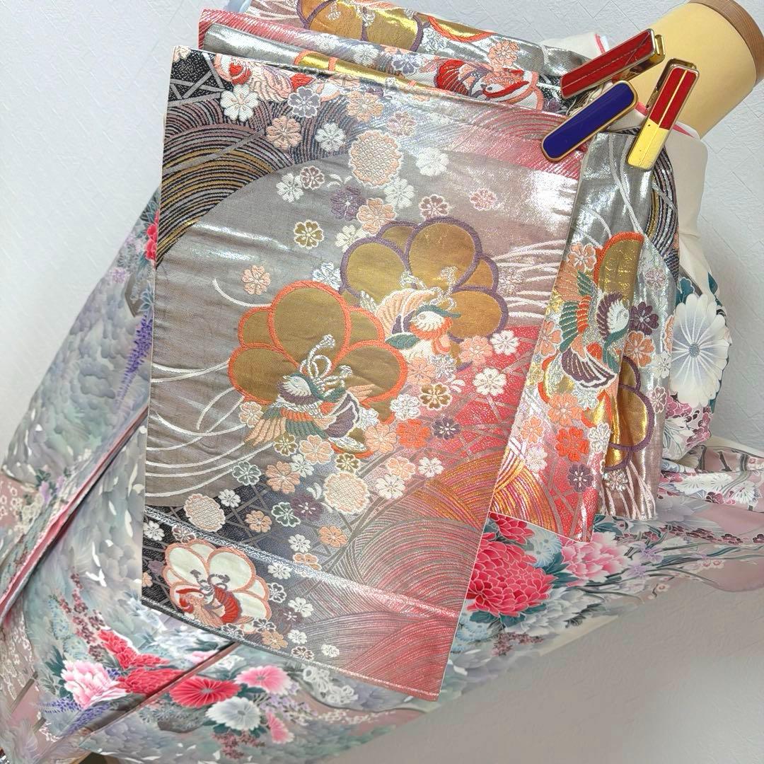 490 振袖フルセット 正絹 オフホワイト グレー 銀彩 暈し染め