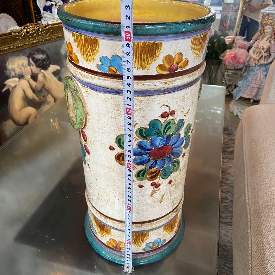陶器　傘立て　ヴィンテージ　ハンドペイント　明るい花柄　イタリア