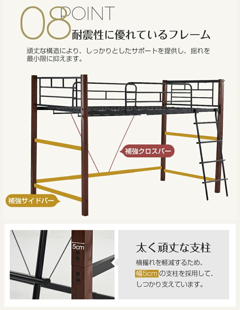 超人気！ロフトベッド【高さ130cm】収納 北欧風 大人 送料無料 BLACK