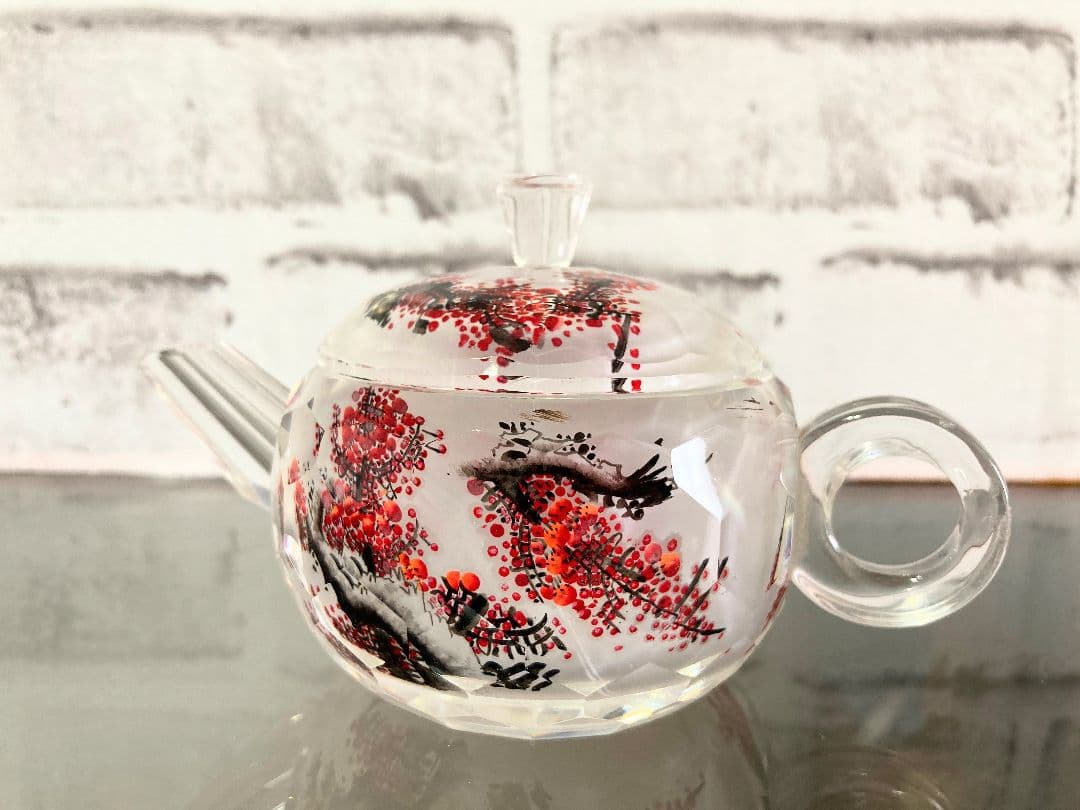 ◇中国ガラス茶器 紅梅図 手描き 清香銘作 ◇