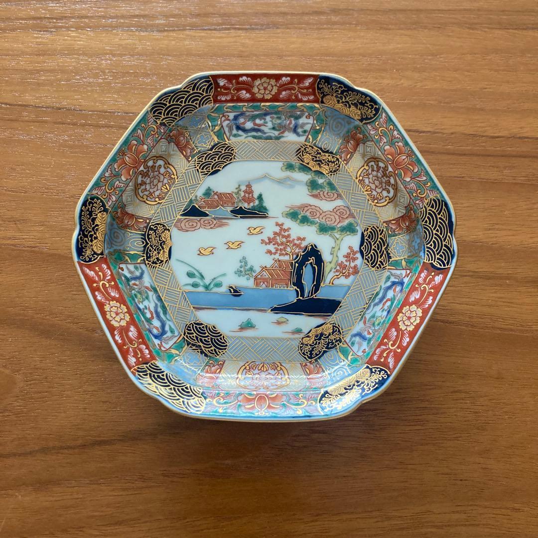 【新品未使用】有田焼　幸楽窯　錦絵山水六角形銘々皿 5枚セット