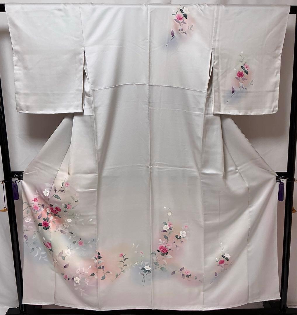 b375 正絹　袷　訪問着　友禅　金糸　未使用しつけ付極美品　着物