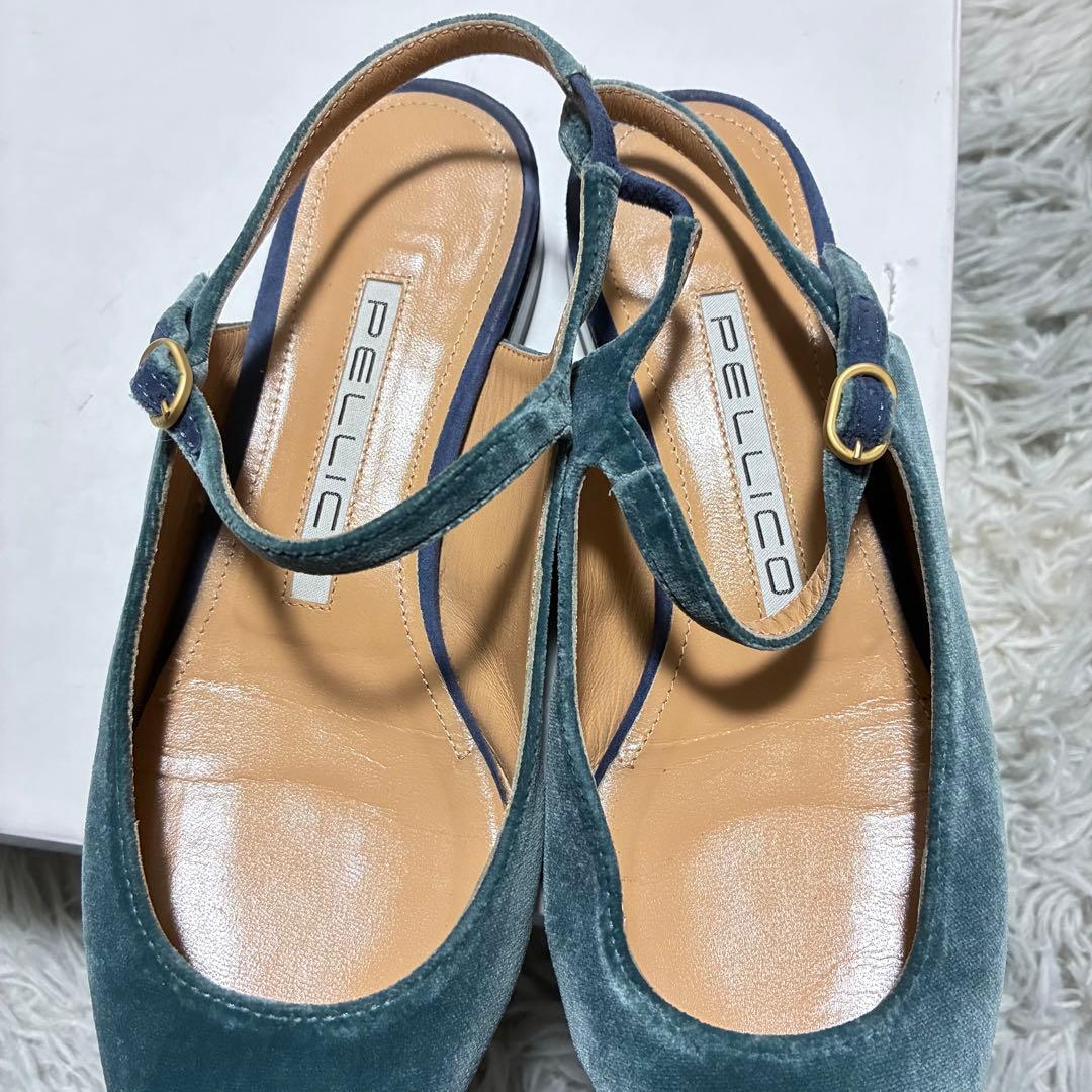 【美品】PELLICO バックスリング パンプス 青 38〈定価64,900円〉