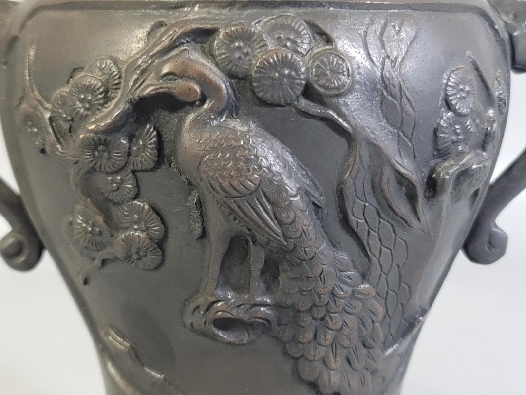 銅 獅子蓋 松鶴 蓮鶴 窓図 香炉 菊紋 DT277