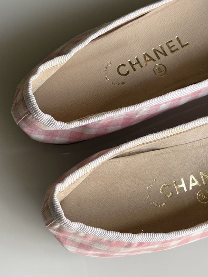 CHANEL シャネル　ギンガム　チェック リボン　フラットシューズ　バレリーナ