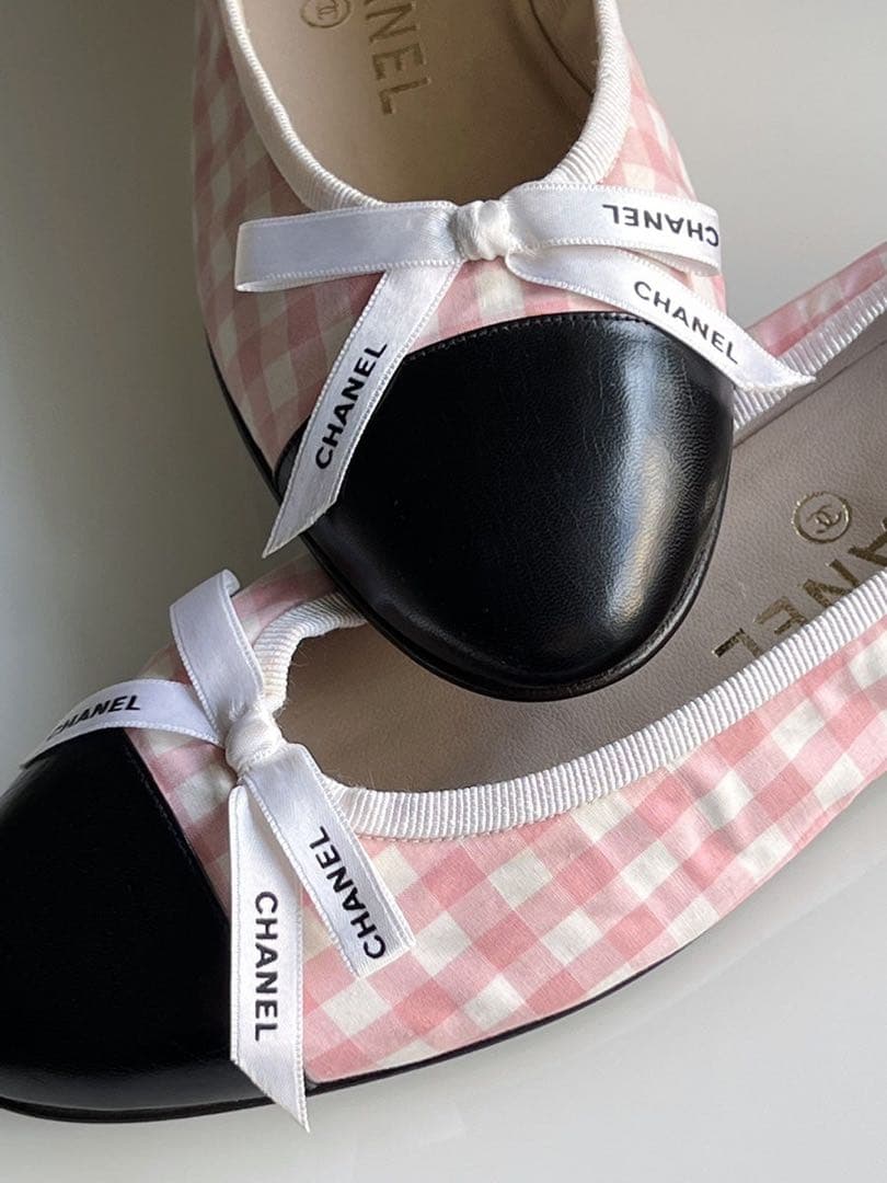 CHANEL シャネル　ギンガム　チェック リボン　フラットシューズ　バレリーナ