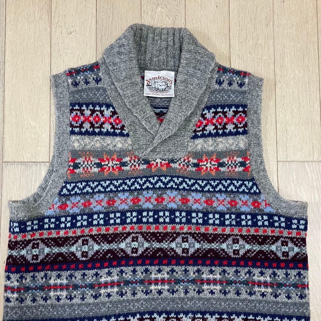 ジャミーソンズ　シェトランドウール ニットベスト　ショールカラー　メンズM位