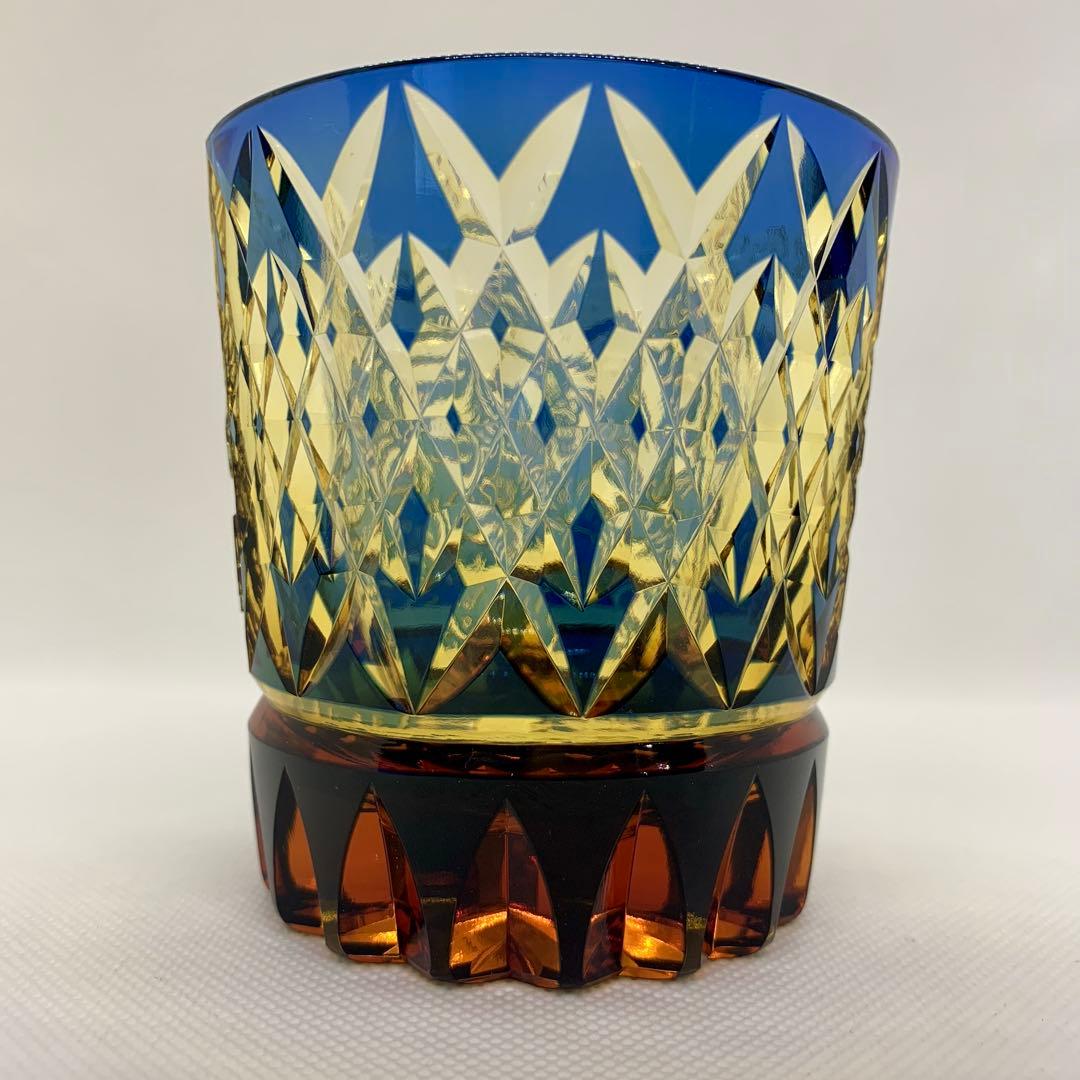 【トミー】江戸切子 オールドグラス 風神雷神に福菱 琥珀ルリ 太武朗工房