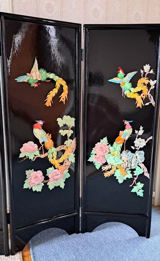 アンティーク骨董品 螺鈿細工 貝細工 花鳥風月 パーティション 屏風 漆塗り