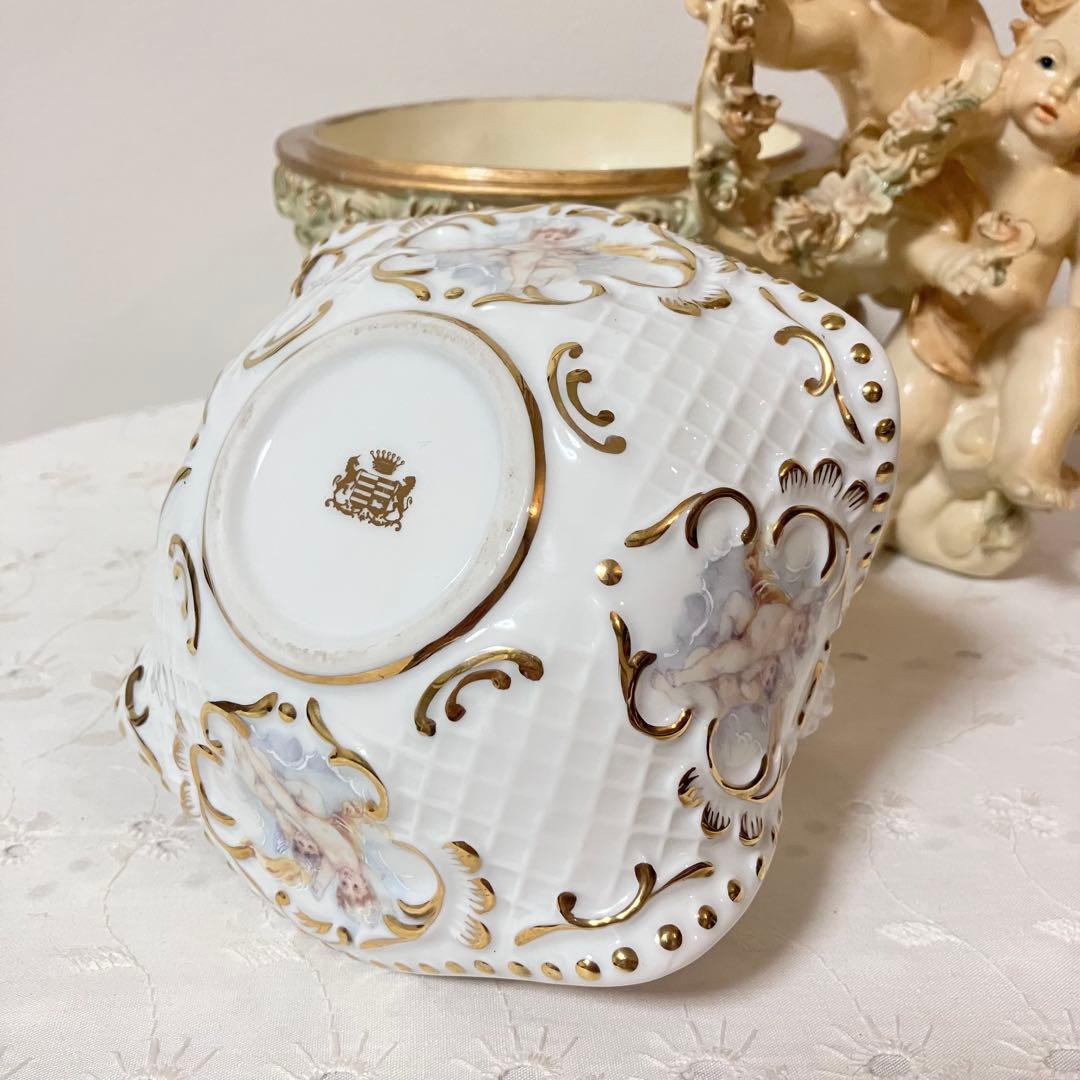 イタリア製 天使 エンジェル アンティーク調 置物 小物入れ／陶器製 バスケット