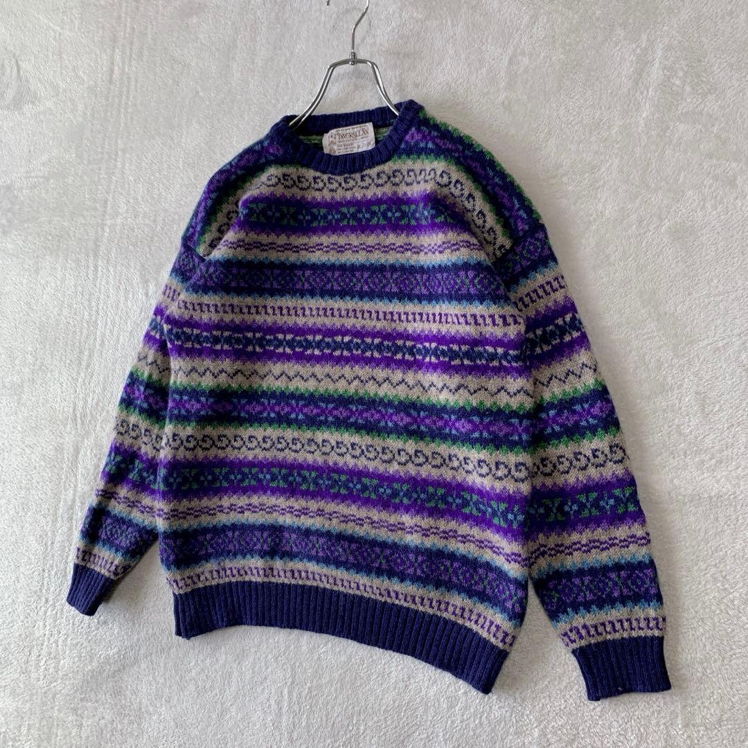 人気 スコットランド製 インバーアラン クルーネック ハンドニット 総柄 茶タグ