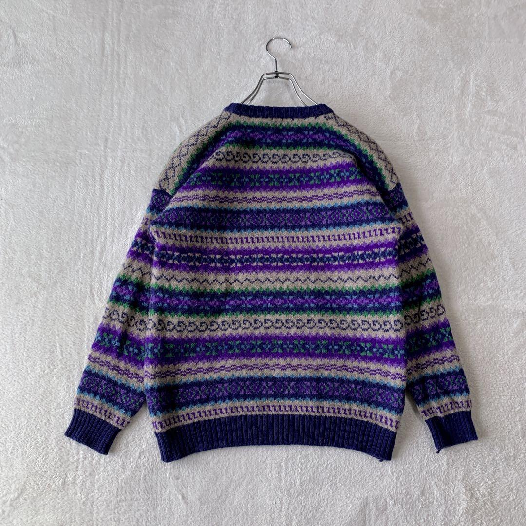 人気 スコットランド製 インバーアラン クルーネック ハンドニット 総柄 茶タグ