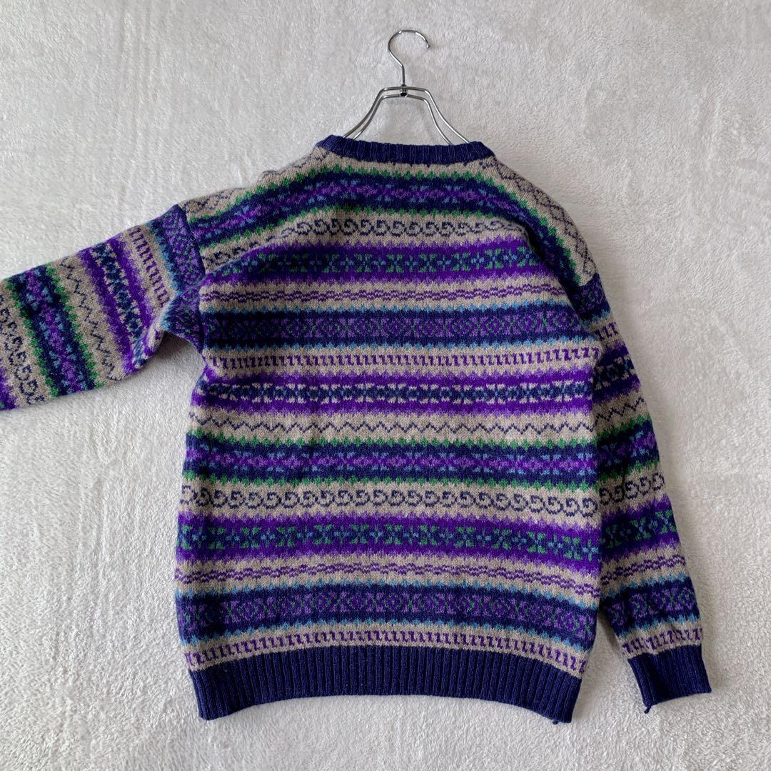 人気 スコットランド製 インバーアラン クルーネック ハンドニット 総柄 茶タグ