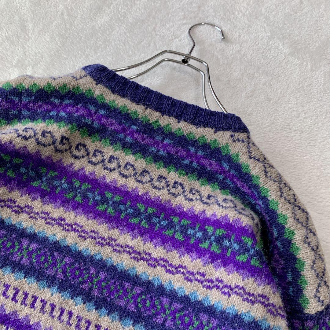 人気 スコットランド製 インバーアラン クルーネック ハンドニット 総柄 茶タグ