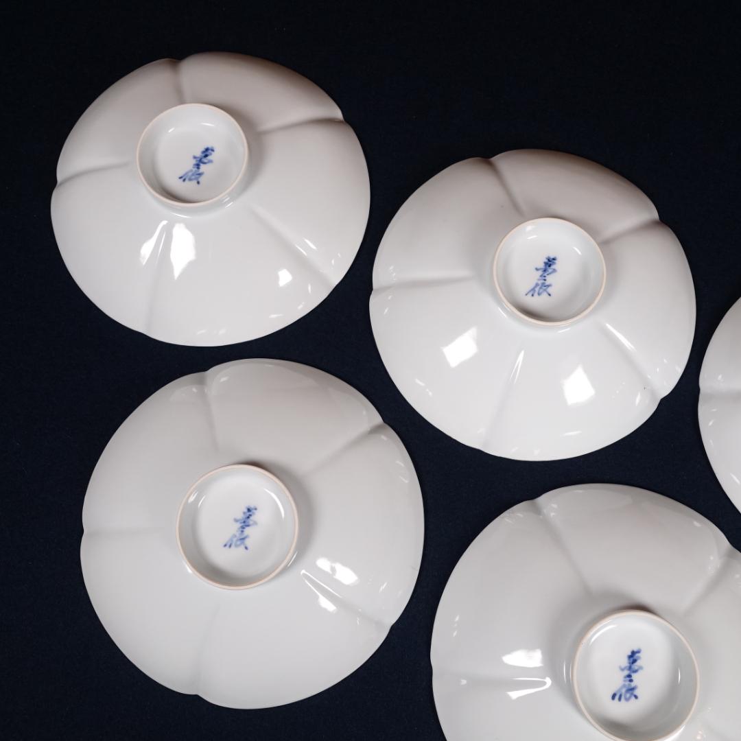 人間国宝 井上萬二 本人作 白磁花形銘々皿 5客 共箱