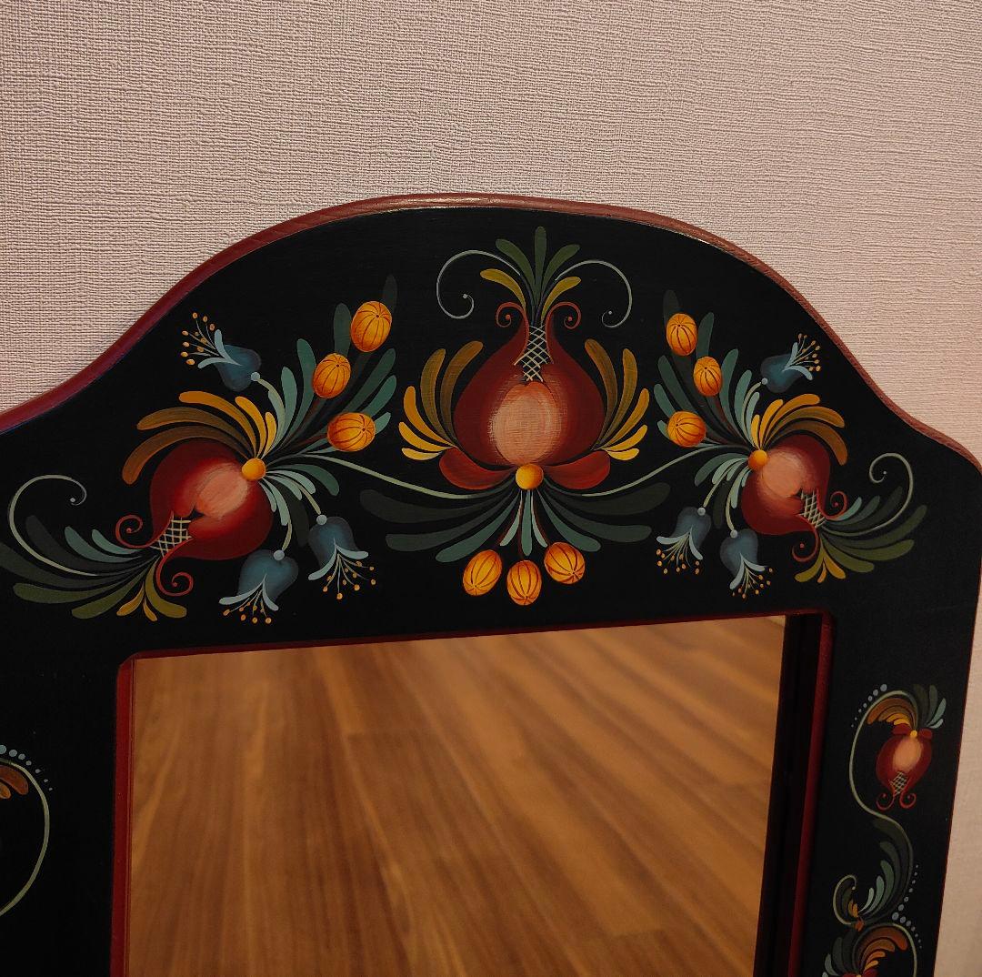 トールペイント 壁掛け鏡 ウォールミラー 手描き ハンドペイント 木製