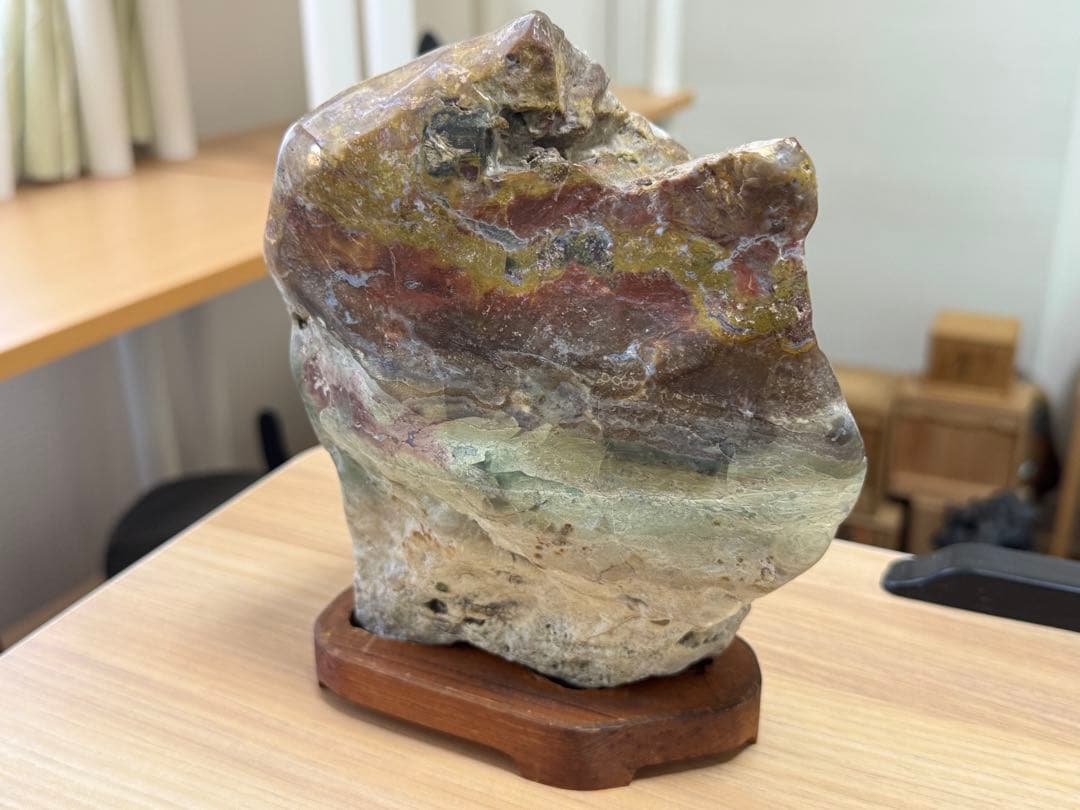 多色自然石 鑑賞石 水石 天然石 ジャスパー 瑪瑙 木製台座付き