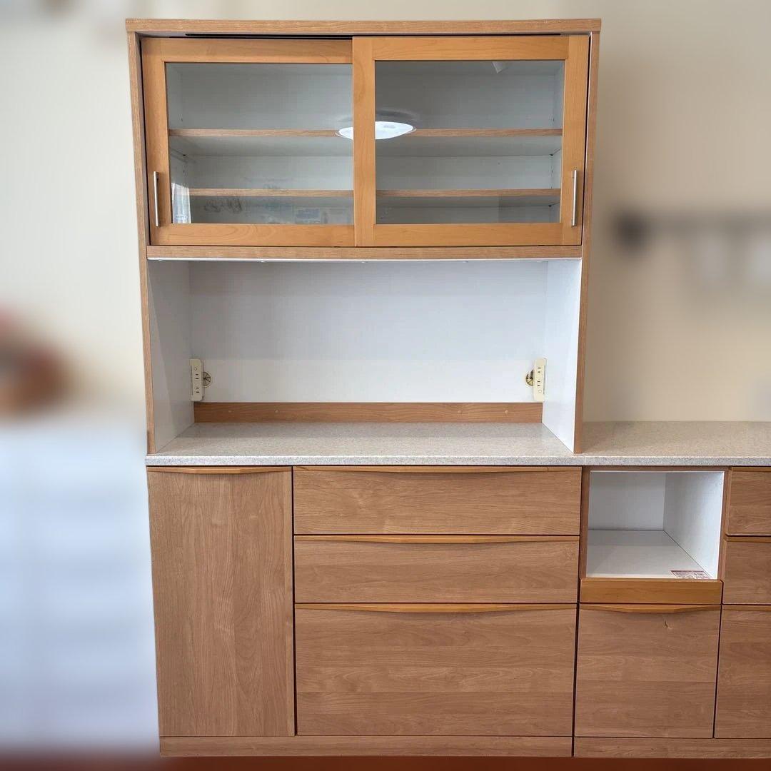 美品！堀田木工オープン食器棚ナチュラル木目調 食器棚 強化ガラス扉 カップボード