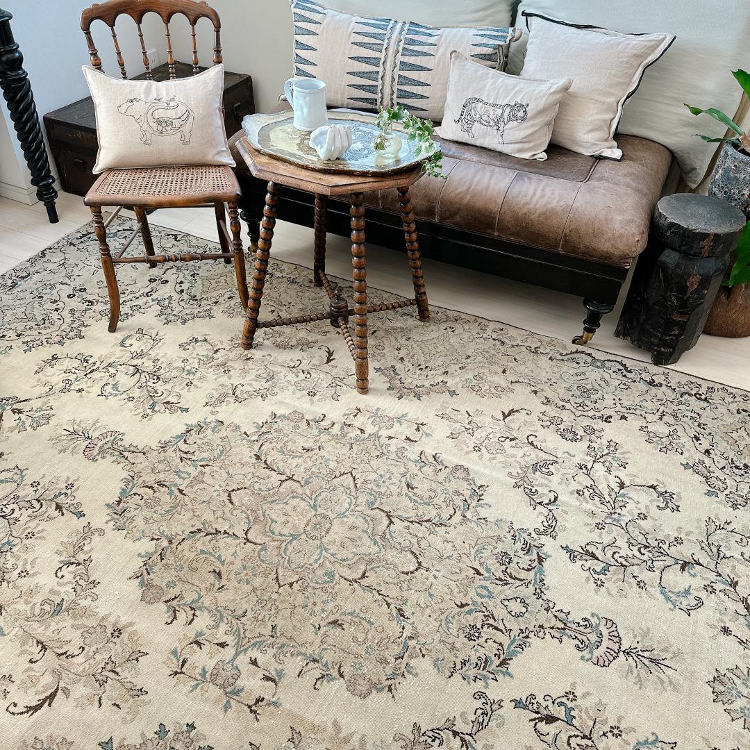 トルコヴィンテージラグ A76超大判 最高級 レア カイセリ グレージュ ブルー