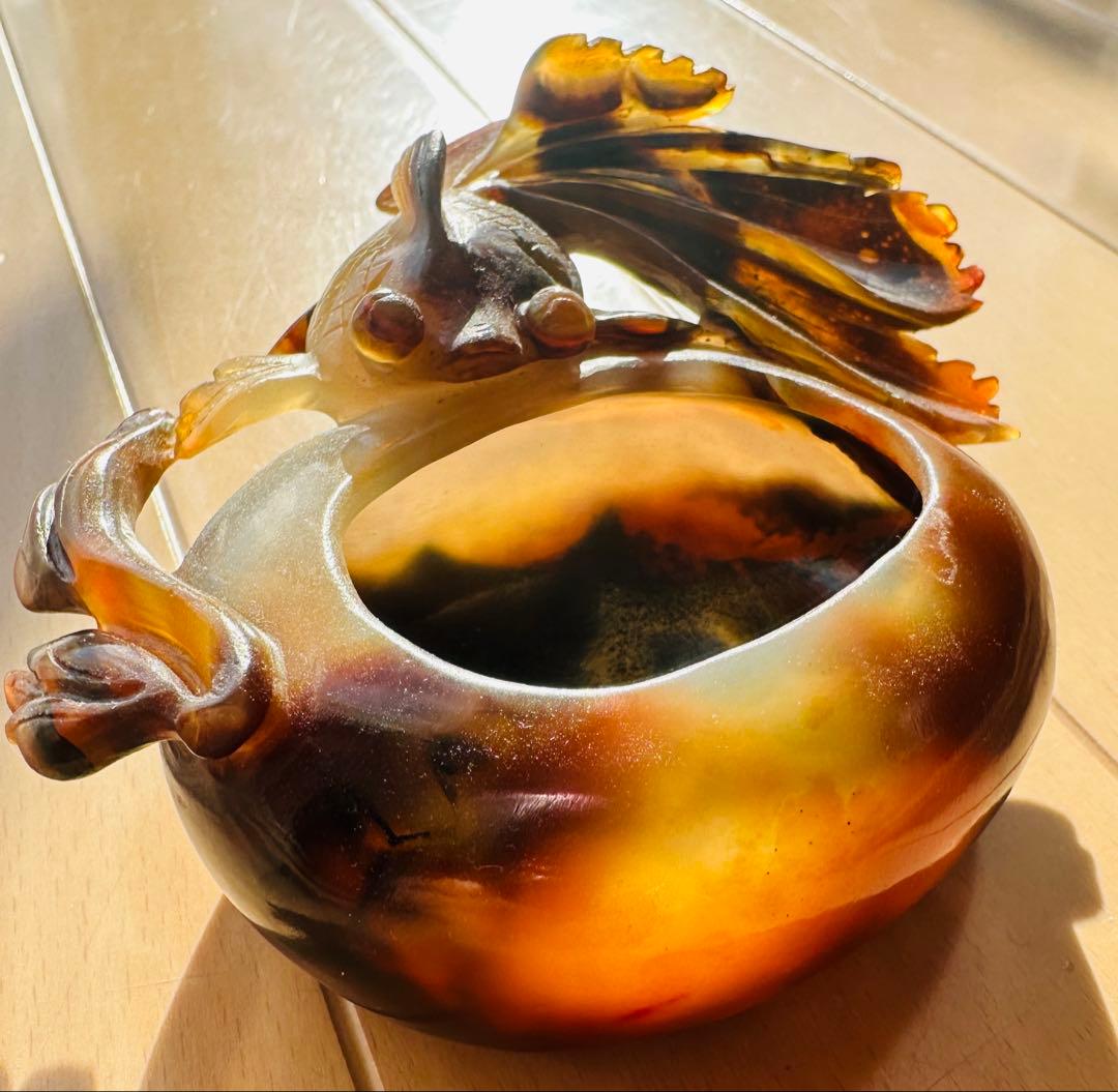 古董品 瑪瑙 刻 猿と金魚筆洗置物 木台 （ただです）旧家蔵出