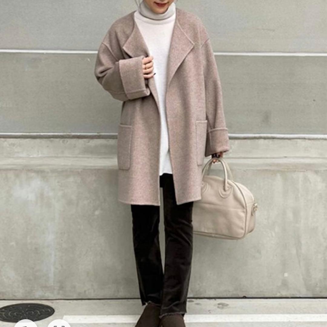 Spick & Span ノーカラーリバーコート ミドル丈 ウール ベージュ