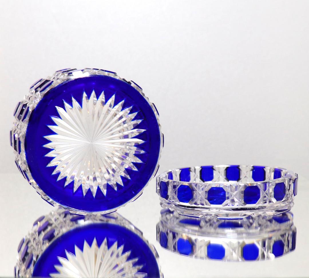 オールド・バカラ 最大サイズ円柱型 青色被せ切子装飾 ディアマンピエーリー 蓋物