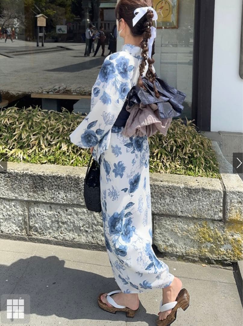 GRL 水彩花柄　浴衣　帯　パール　リボン　帯締め　三点セット