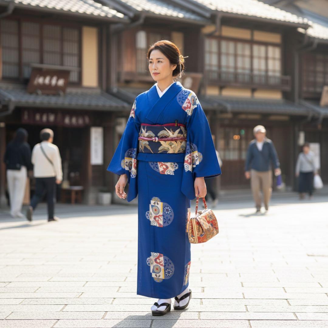 【極美品】【銘仙】【単衣】身丈157 ロイヤルブルー 幾何学丸紋 トールサイズ