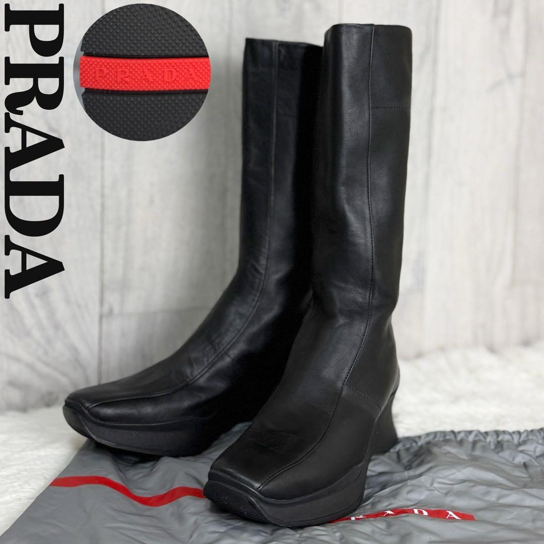 美品♡36♡23cm♡PRADA プラダ レッド ロゴ レザー ロングブーツ