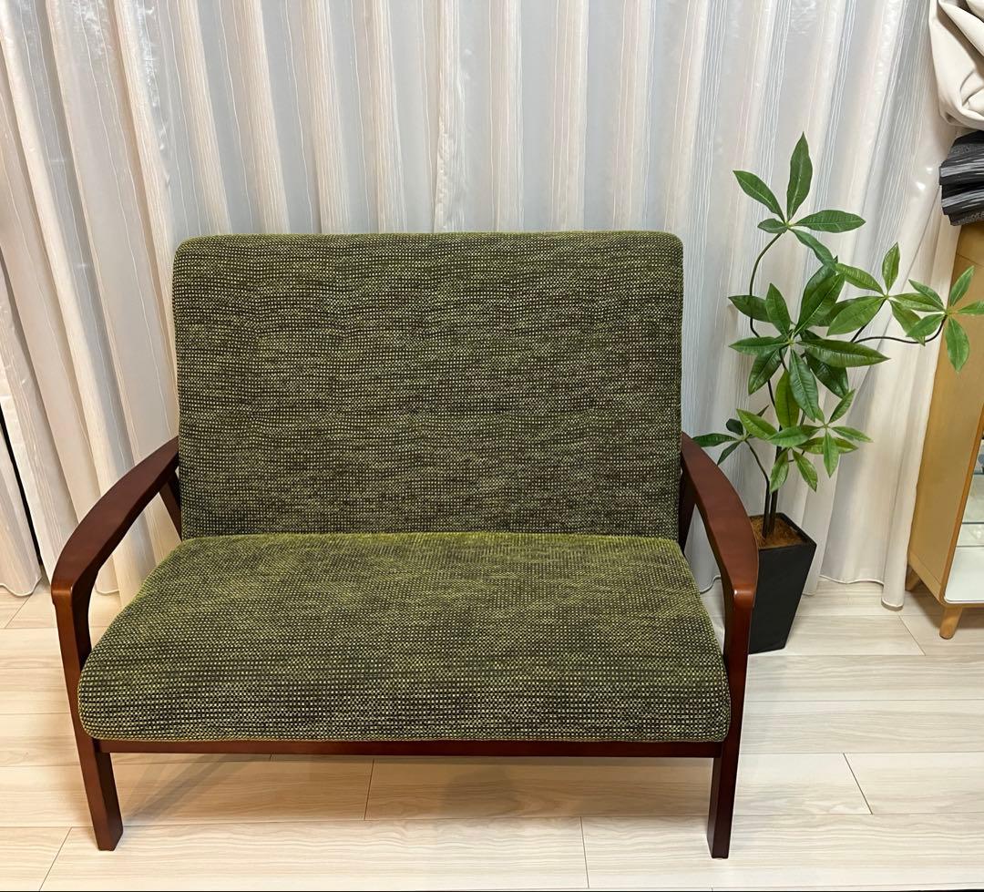 美品　おしゃれ　２人用　ラブソファー　ブラウン×緑　インテリア