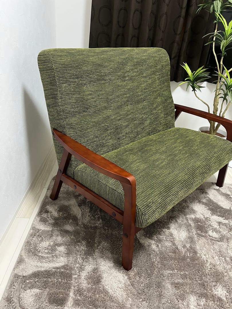 美品　おしゃれ　２人用　ラブソファー　ブラウン×緑　インテリア