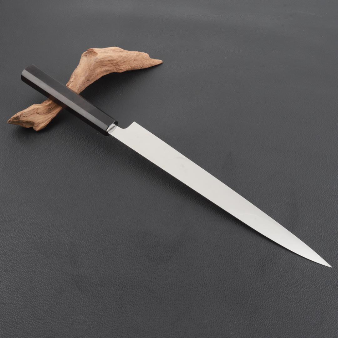 10994フグ引 柳刃包丁 尺寸 鏡面仕上げ 刃は究極の切れ味 黒檀黒水牛八角柄