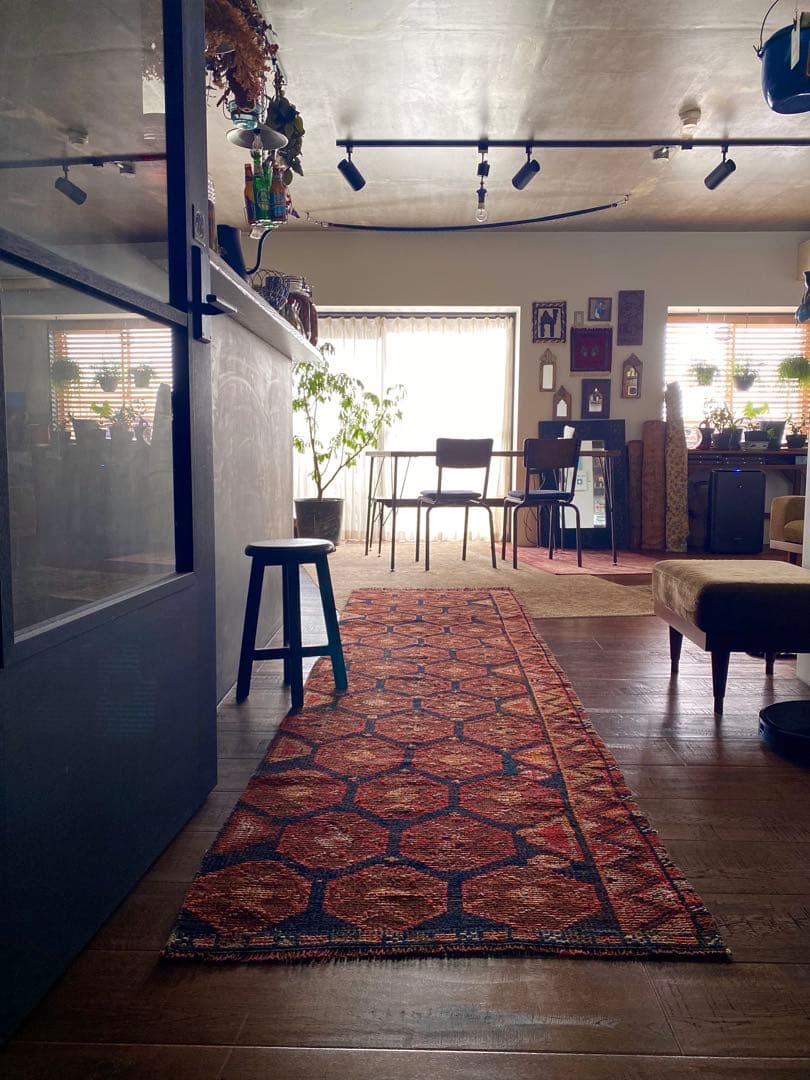 オレンジブラック　超ロングランナーラグ　ヴィンテージラグ　トルコラグ