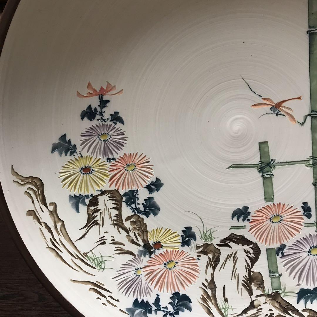 観賞皿　飾り皿　菊絵　希少　彫刻品　美術品　作家物　在銘