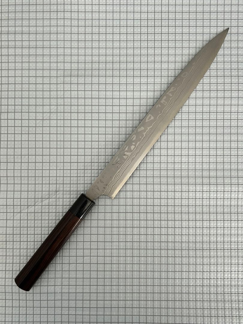 仙助 柳刃包丁 包丁 300mm 安来鋼青紙２号 ダマスカス 紫檀シノギ柄 ②