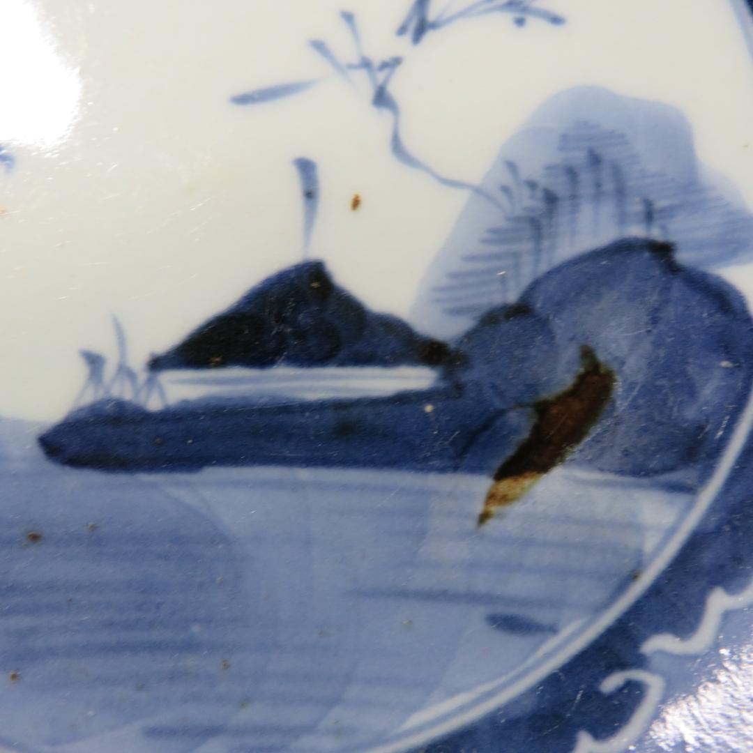 皿 5枚 古伊万里 染付 山水 江戸 窯傷 家屋 船