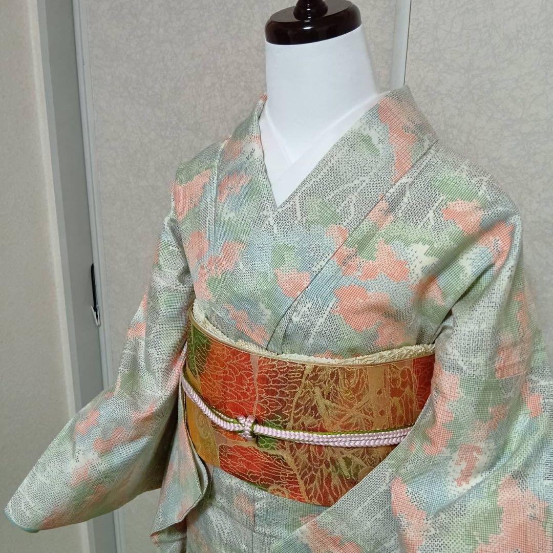 ほ*ん様 タ8879 未使用近い　美品　袷　紬　白紬　十日町紬系　小紋　正絹　フ