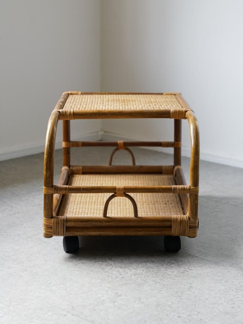 80-90's vintage ワゴンテーブル 藤 ラタン レトロモダン