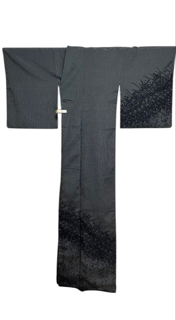 本塩沢 付下げ 訪問着 正絹 縦縞 草花 萩 イ6254