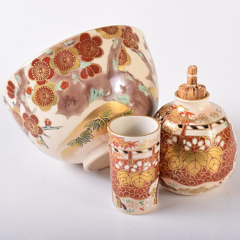 HSK KTHG九谷焼　茶碗など　八点一式　黒船裂仕覆　共箱　JR8250