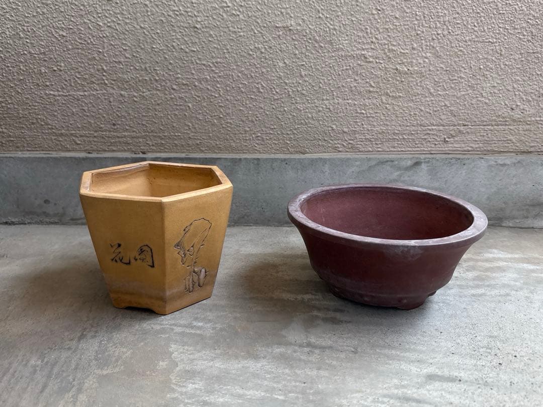 中国鉢2点セット！　刻印入りと針彫りの支那鉢　盆栽