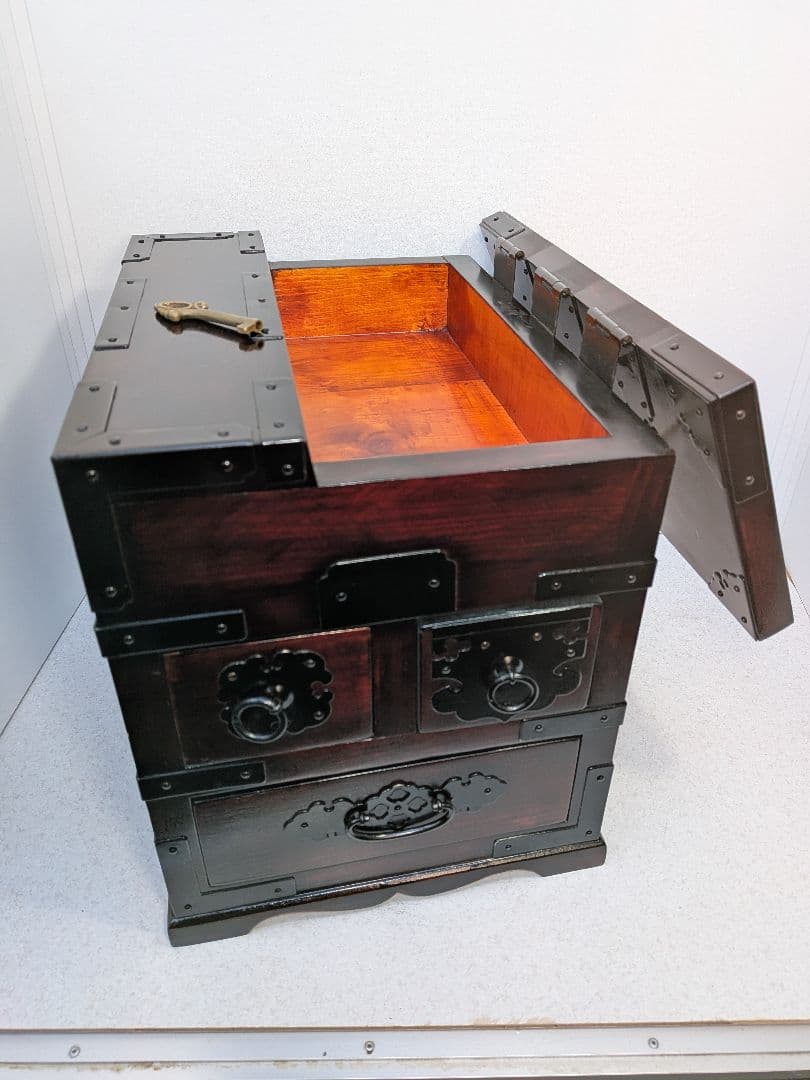 b746、時代 箪笥 懸硯 鍵付き 古民芸 小箪笥 引出し 掛硯 硯箱