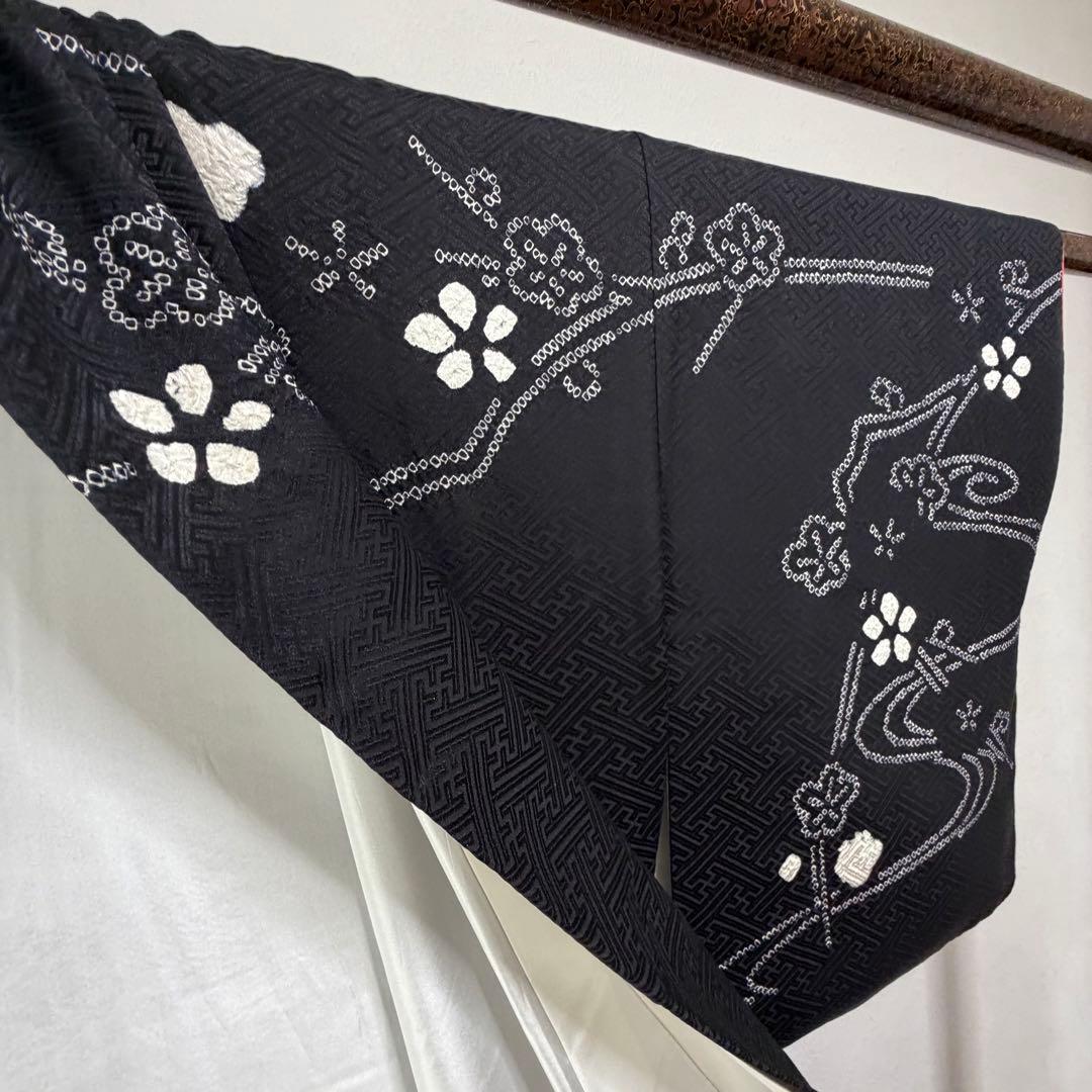 超美品　正絹　袷　現代　絞り　広襟　訪問着　着物　163　黒　シンプル　梅