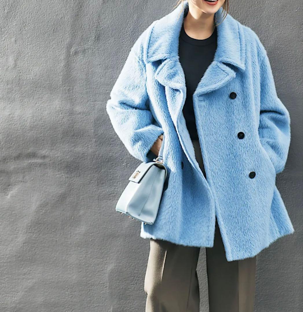 【極美品】ebure スーリーアルパカシャギーピーコート スカイブルー 希少色