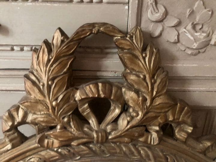 フランスアンティーク　大きなリボン&リース装飾ミラー　金ゴールド