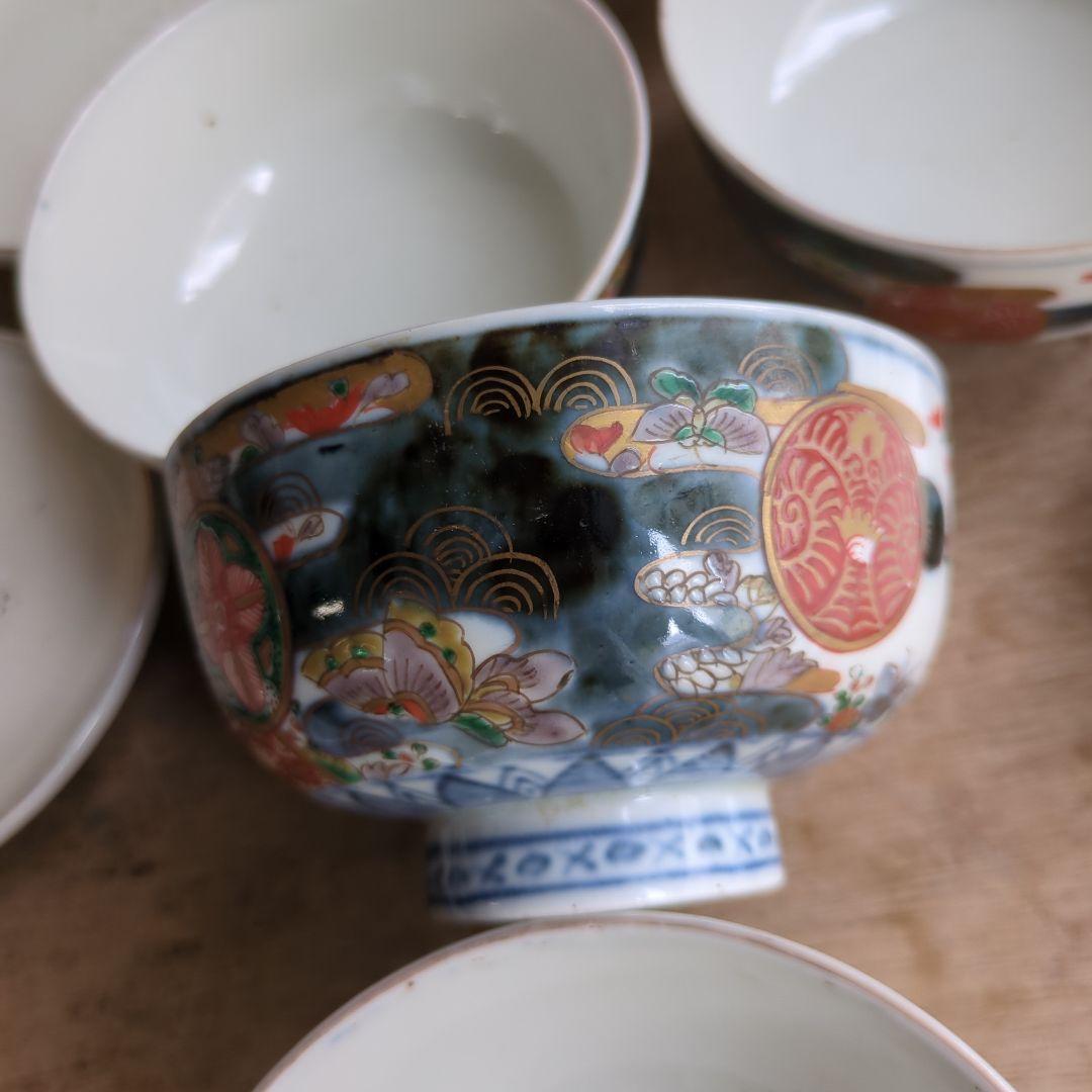 骨董 古伊万里 染錦 蓋茶碗 茶碗 煮物碗 色絵 アンティーク 5つ〜