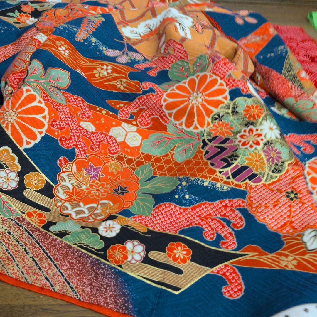 古典柄　七五三着物セット　7歳　女の子　化繊　袋帯、長襦袢　小物