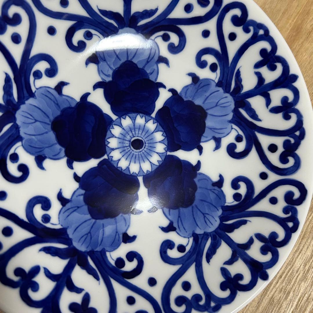 【共箱　未使用】深川製磁　染付 菊唐草　6号　和皿揃い　5枚組