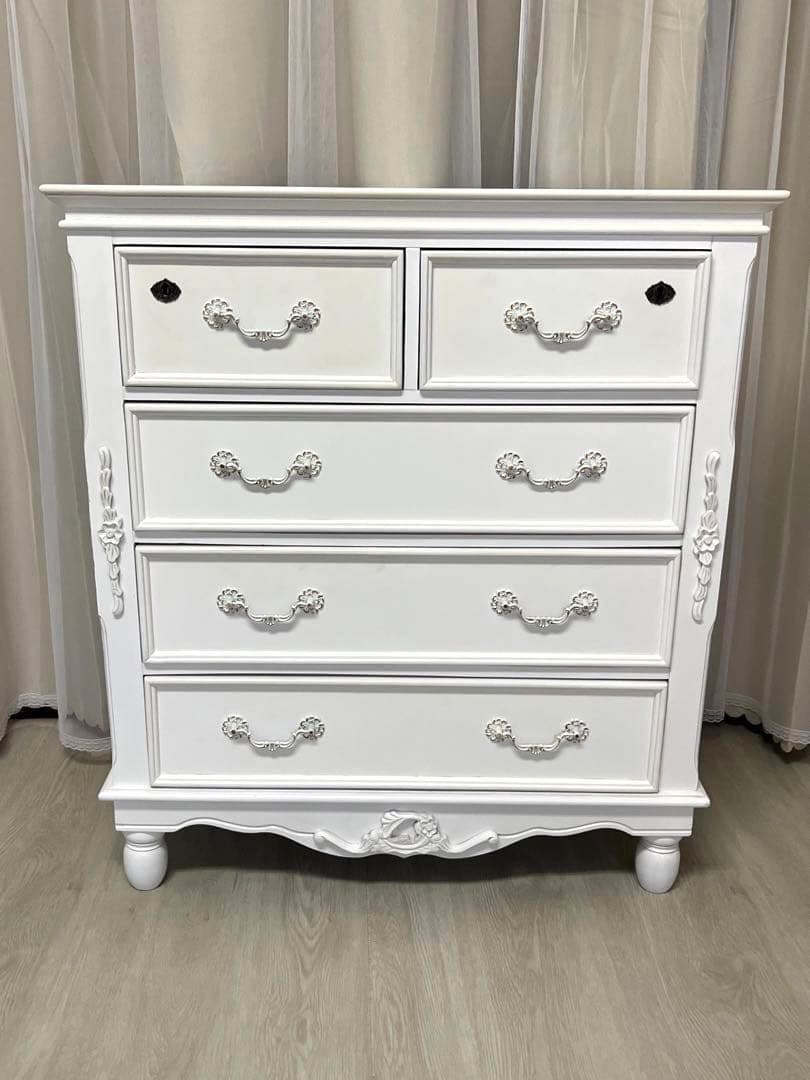 ロココ アンティーク キー付 フレンチ ホワイト チェスト